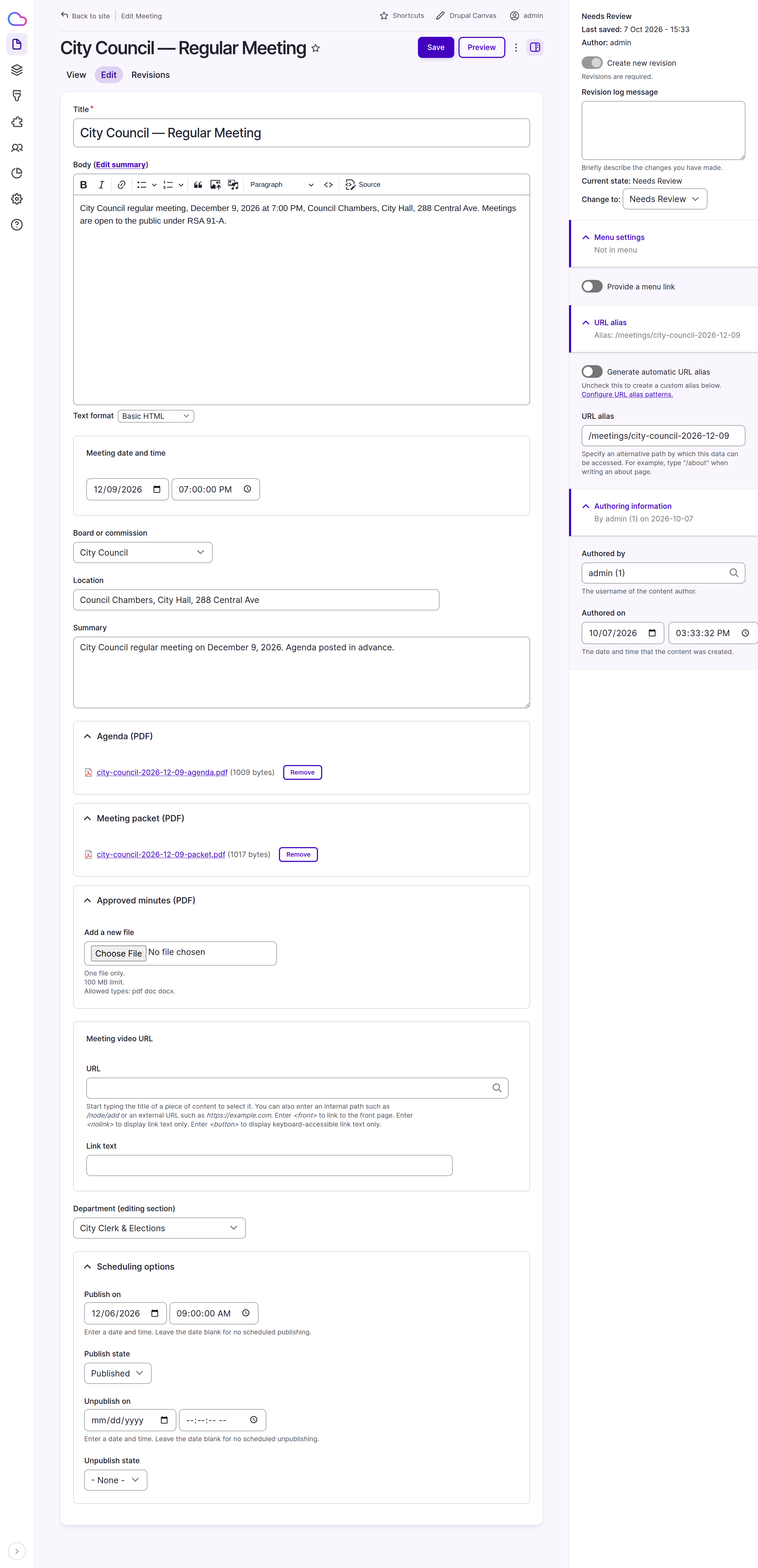 The Drupal edit form for a City Council meeting: date and time, board, location, agenda, packet and minutes files, video link, department, a scheduled publish time three days before the meeting, and the Needs Review moderation state.