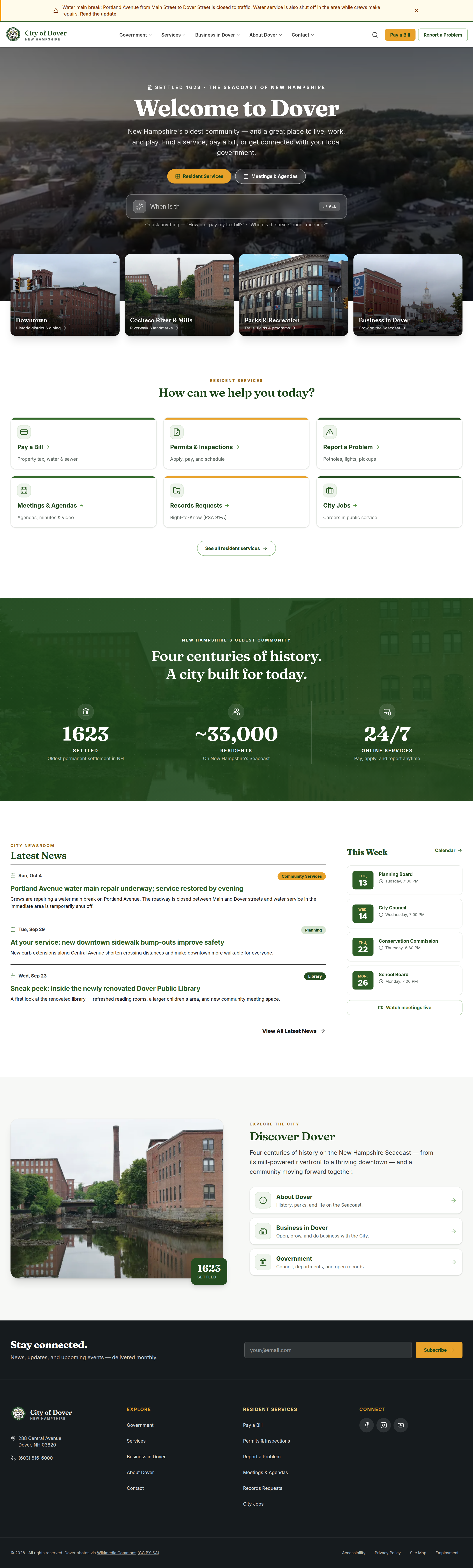 The full Dover pilot homepage: alert banner, Welcome to Dover hero with Resident Services and Meetings buttons and an Ask Dover search, the resident-service grid, news and this week's meetings.