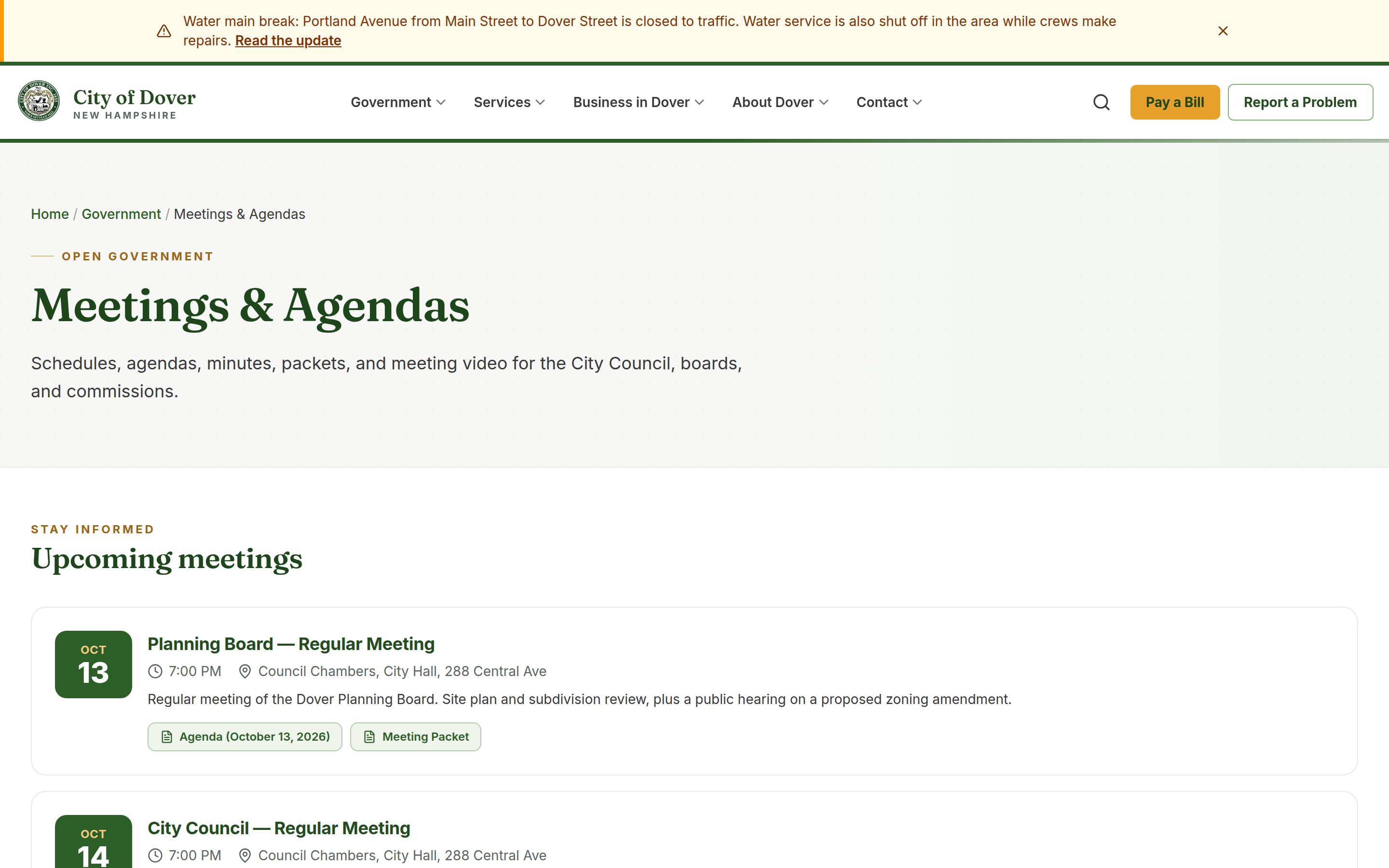 Meetings & Agendas: upcoming Planning Board and City Council meetings with agenda and packet links.