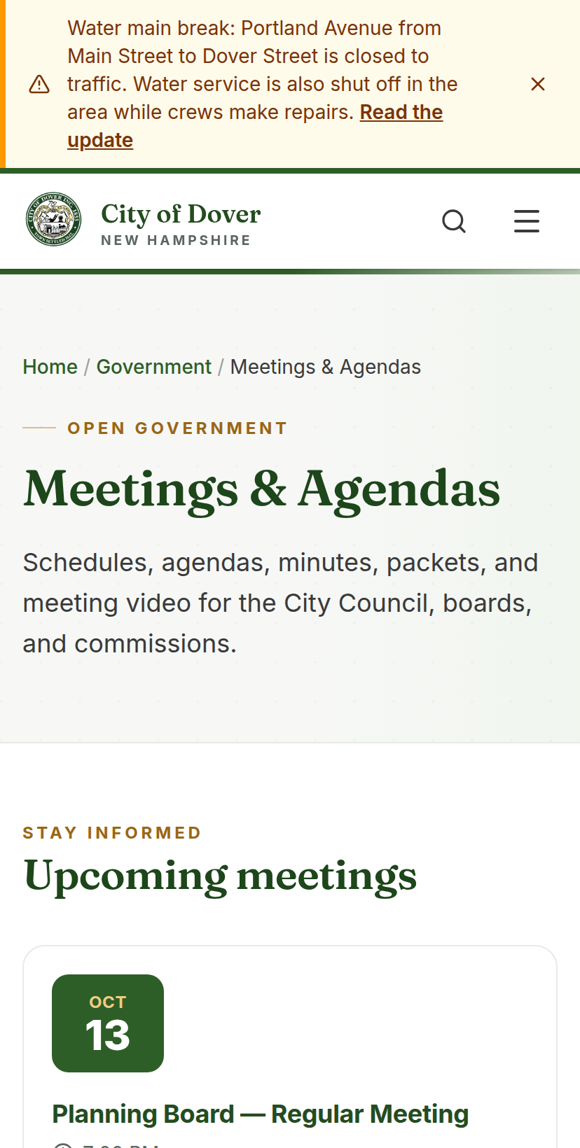 The meetings page on a phone.