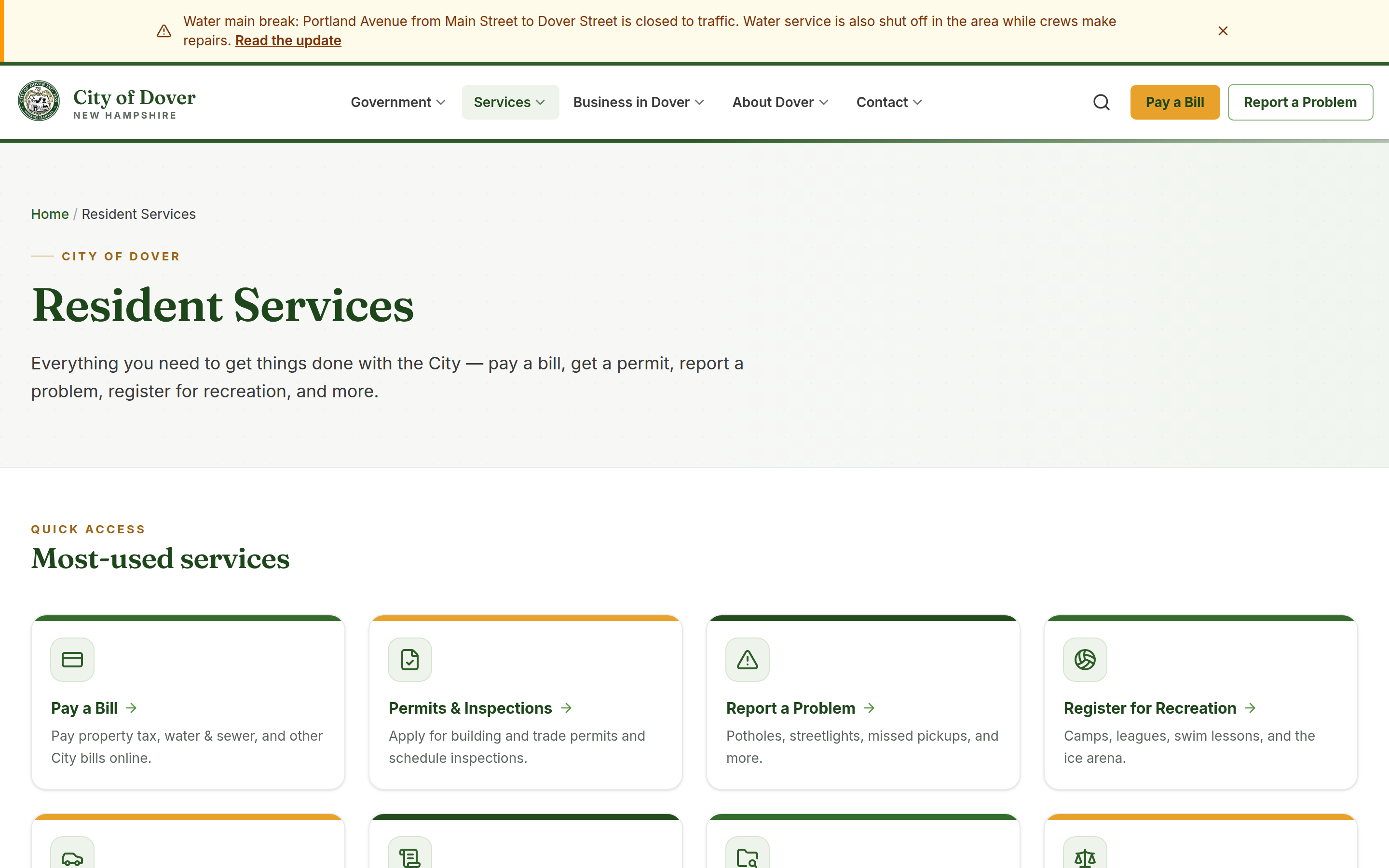 The Resident Services page with most-used service cards.